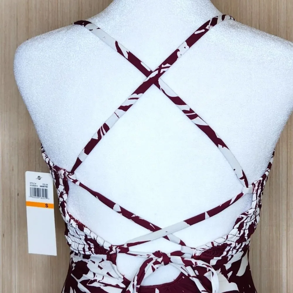 Catalina Tropical Palm Smocked Lace-Up Back Maroon One Piece Swimsuit Small Surf